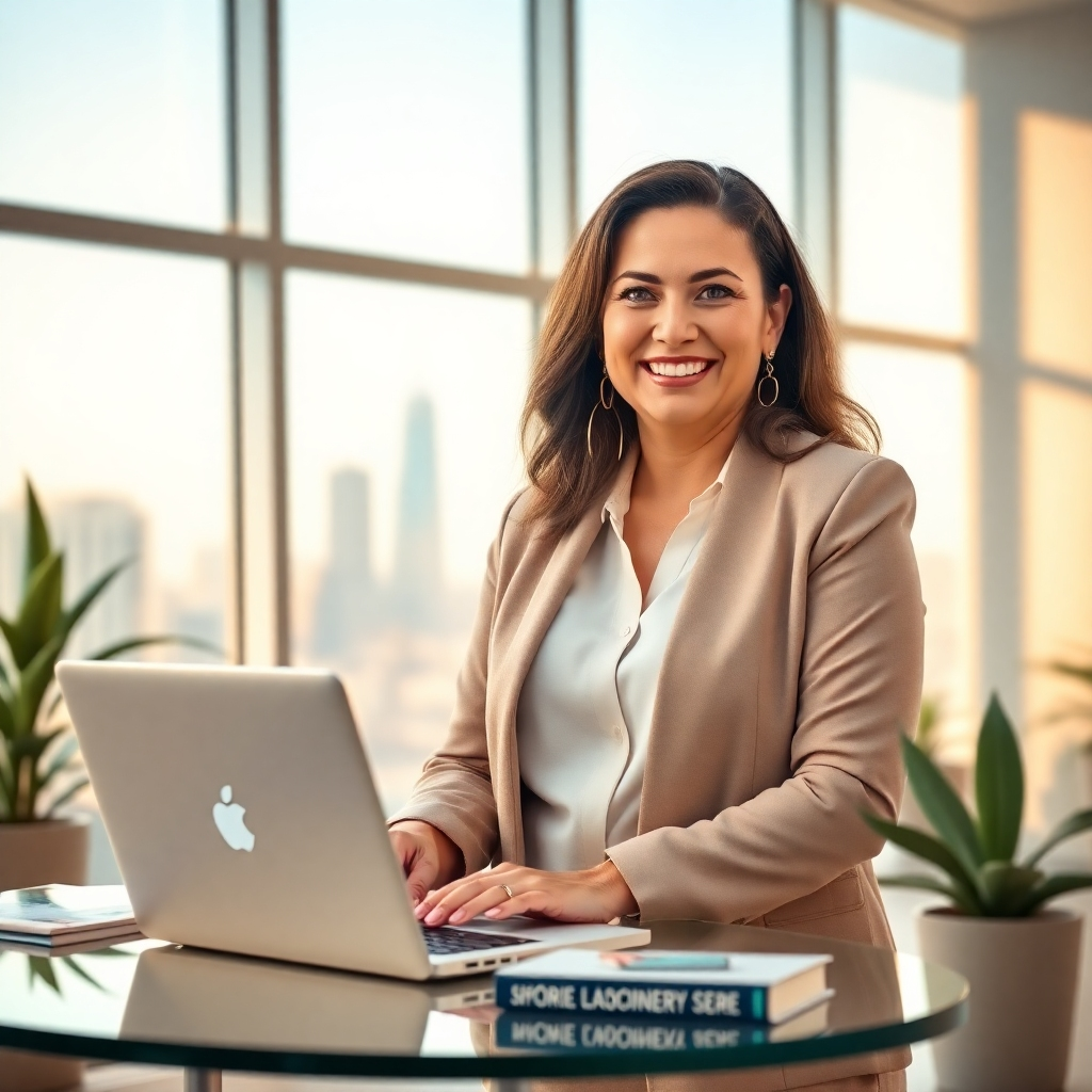 Generate a photorealistic, ultra-high-quality header image (8K resolution, hyperrealistic style) for Rechana Sotori's coaching business. The image should feature Rechana Sotori, a confident and inspiring woman in her late 30s to 40s, standing in a modern, bright, and airy office space with large windows overlooking a cityscape.  She should be smiling warmly, looking directly at the camera, with a laptop open in front of her showing a graph indicating upward growth.  The lighting should be soft and natural, with a warm color temperature, creating a positive and optimistic mood. The color palette should be predominantly warm, with pastel shades and soft blues and greens, symbolizing growth and serenity. The overall mood should be empowering, aspirational, and hopeful.  The camera angle should be a slightly low angle, shooting upwards to emphasize Rechana's authority.  The textures should be realistic, showcasing the smooth surface of the laptop, the softness of her clothing (professional but stylish), and the sleek modern design of the office furniture.  In the background, subtly visible through the windows, should be a cityscape with a focus on architectural highlights symbolizing progress and opportunity.  On a nearby table, stylishly arranged, are books related to business and success.  The style should be inspired by successful business and personal growth brands, evoking a sense of sophistication and trustworthiness.  Include subtle design elements such as plants adding to the positive vibe and a feeling of natural light and air.  The image should embody the themes of success, empowerment, and social responsibility (ending homelessness)., ultra high resolution, photorealistic, 8K, hyperdetailed, cinematic lighting