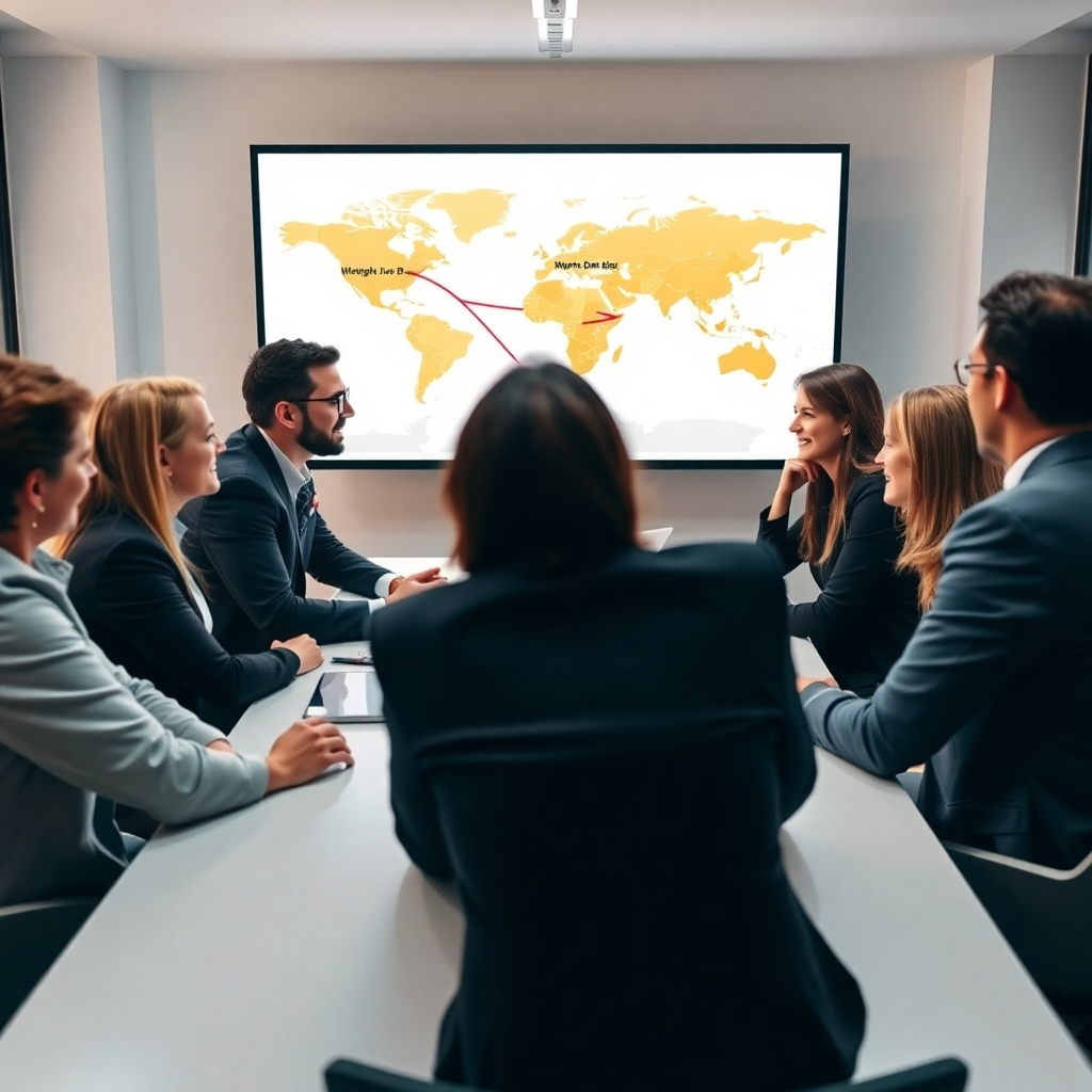 Generate an image featuring a diverse team of experienced consultants gathered around a table, deep in discussion, with a map highlighting various potential business routes projected onto a screen. The scene is brightly lit and professionally styled.  The color palette is warm and inviting.  The camera angle provides an inclusive view. The overall style is sophisticated and professional, emphasizing expertise and collaboration.