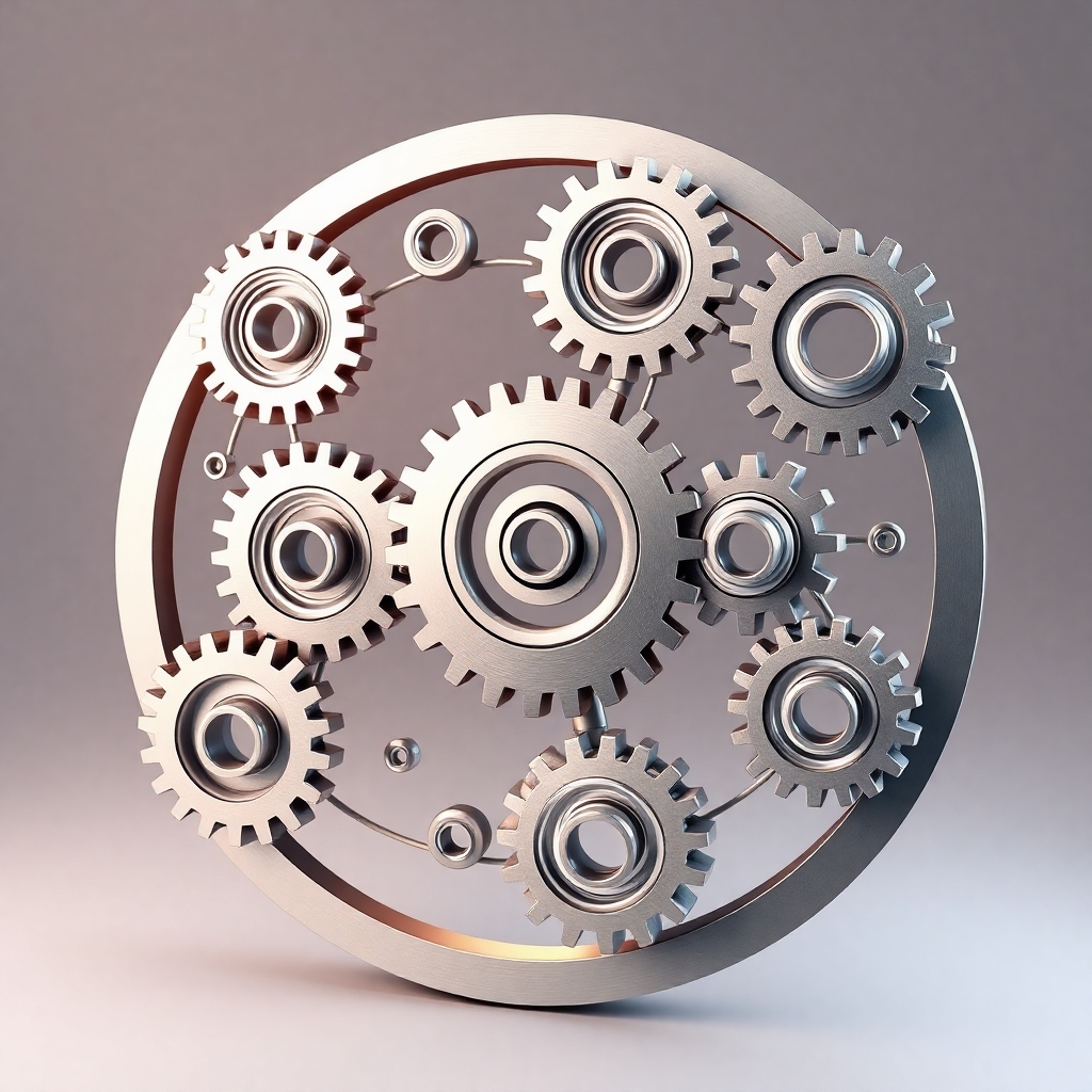 Generate an image featuring streamlined, optimized business processes visualized as interconnected cogs working in harmony. The overall style should be smooth, modern, and minimalist, with a focus on clean lines and precision-engineered components. The color palette should be a muted metallic gradient, conveying efficiency and precision. Use advanced lighting techniques to add depth and texture to the cogs.
