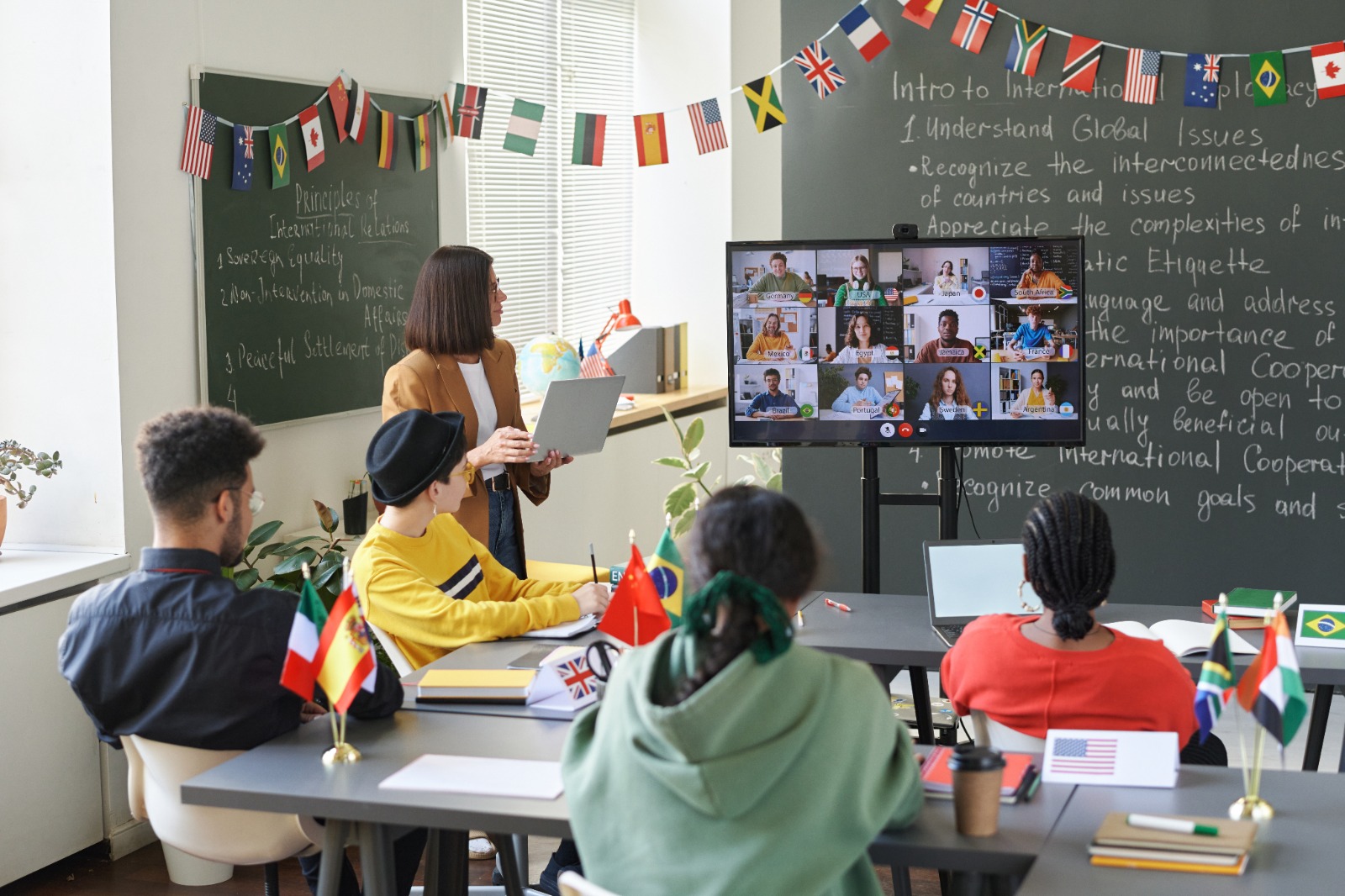 A hyperrealistic, 8K image of a diverse group of students actively participating in an online classroom. The lighting is warm and inviting, enhancing the feeling of community. The color palette is rich and varied, reflecting the diversity of the participants.  The scene is viewed from a slightly elevated angle, showing a dynamic interaction between students and instructor. The environment is a clean, modern virtual classroom with interactive whiteboards and clear communication channels. Students are engaged in discussions, using digital tools collaboratively. Textures include realistic skin tones, clothing fabrics, and the digital elements of the classroom platform.  The mood is collaborative and upbeat. Props include laptops, tablets, and digital writing tools.  The image is styled in the manner of a high-end educational documentary, emphasizing clarity and professionalism.  The image must be ultra-detailed and visually engaging.