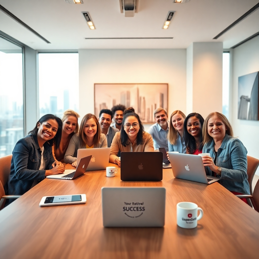 Photorealistic image, 8K resolution, hyperrealistic detail.  A diverse group of 5-7 successful entrepreneurs, radiating confidence and happiness, are gathered around a large, modern conference table in a bright, airy office space with floor-to-ceiling windows offering a city view. Soft, diffused lighting illuminates the scene.  The color palette is vibrant and motivational, featuring warm golds, cool blues, and accents of energetic orange. The camera angle is slightly elevated, capturing the group dynamically.  Textures include smooth wood of the table, soft fabrics of clothing, and the reflective surfaces of laptops displaying graphs indicating financial success.  Props include laptops, smartphones, notebooks with inspirational quotes, and branded QueenSotori mugs.  The background features modern artwork depicting upward trajectories and city skylines. The style is reminiscent of Annie Leibovitz's powerful portraits, emphasizing empowerment and success.  The overall mood is one of collaboration, achievement, and positive energy.  Focus is sharp on all faces, capturing expressions of joy and accomplishment.  Include subtle branding elements such as a QueenSotori logo on a laptop or mug.