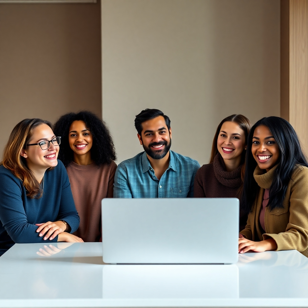Photorealistic image, 8K resolution, hyperrealistic detail. A diverse group of 3-4 individuals, mid-thirties, smiling and engaged in a coaching session. Soft, diffused lighting in a modern, minimalist office.  Warm, inviting color palette with muted earth tones and pops of teal. Camera angle slightly elevated, medium shot, focusing on the expressions of the participants.  The coach is sitting at the head of a sleek, white table with a modern laptop subtly visible.  Textures include smooth wood surfaces, soft fabrics of the furniture, and the subtle texture of the individuals' clothing. Minimalist background, clean lines, and uncluttered space.  In the style of Annie Leibovitz, conveying a sense of trust and accomplishment.  The image should convey professionalism, warmth, and approachability.  Emphasis on genuine human connection and supportive environment.