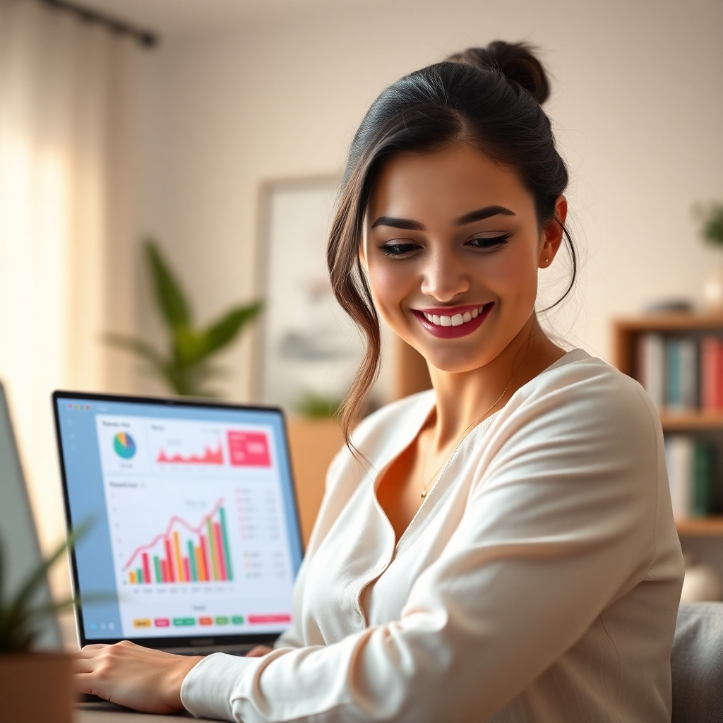 Photorealistic image, 8k resolution, hyperrealistic rendering. A young, confident woman (28-35) smiles as she looks at her laptop, which displays a sales dashboard showing impressive growth. The setting is a modern home office, with soft lighting accentuating the woman's face and the vibrant colors on the screen. Warm, inviting colors, predominantly pastels and natural wood tones, create a calming and productive atmosphere. The laptop screen displays positive statistics and key performance indicators (KPIs).  The composition focuses on the woman's expression and the laptop screen, with slightly blurred bokeh background showing plants, a cozy workspace, and bookshelves. The image style is reminiscent of a successful startup founder's portrait, clean and modern with a sense of achievement. The image is shot from a slightly low angle, emphasizing her success and power. The textures are ultra-detailed: soft, luxurious materials in the office, smooth laptop screen. The overall mood is confident, positive, and inspirational, conveying the idea of success and financial freedom. The image should showcase a clean and organized background, suggestive of productivity and success.