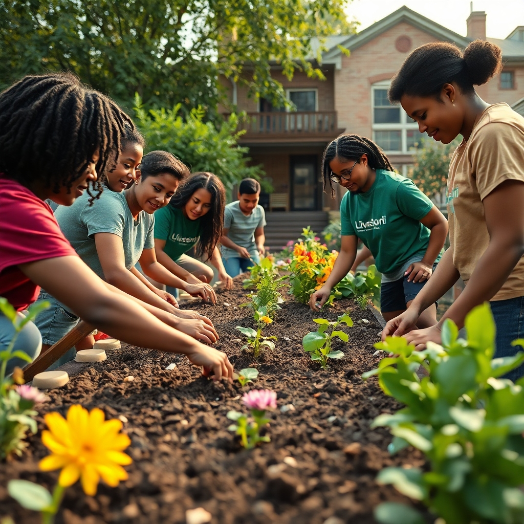 Photorealistic image, 8K resolution, soft, natural lighting.  A diverse group of volunteers is working together in a community garden, planting flowers and vegetables.  The setting is a vibrant urban community garden with lush greenery.  Warm, inviting color palette, emphasizing the natural beauty of the setting. Camera angle is at eye level, capturing the collaborative spirit.  Textures include the soft soil, the rough texture of wooden gardening tools, and the vibrant colors of plants.  There are subtle signs of the LiveSotori logo integrated into the design, such as on a volunteer's t-shirt.  The overall mood is one of hope, collaboration, and community action.  The background features a beautifully restored community center. Style similar to Steve McCurry's humanitarian photography.  The image should evoke feelings of hope and social responsibility.