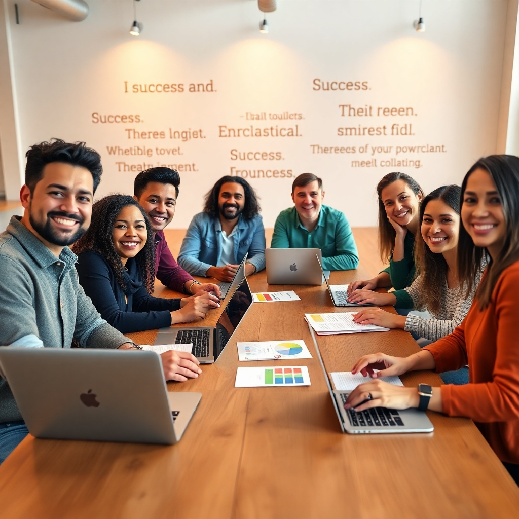 Photorealistic image, 8K resolution, hyperrealistic detail. A diverse group of 5-7 smiling people of different ages and ethnicities are sitting around a large wooden table in a bright, modern co-working space with soft diffused lighting.  They are actively engaged in a workshop, laptops open, notebooks and colorful charts visible.  Warm, inviting color palette with earth tones and pops of bright colors.  The background features inspirational quotes related to success and empowerment projected subtly on the wall. Camera angle from slightly above, looking down at the group, creating a sense of intimacy and collaboration. Textures include the smooth surfaces of laptops, the rough texture of the wooden table, and the soft fabric of clothing. The overall mood is one of collaborative learning, positivity, and empowerment.  In the style of Annie Leibovitz.  The image should convey a sense of community and shared purpose.