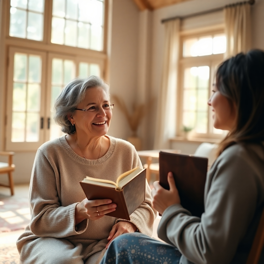 Photorealistic image, 8K resolution, hyperrealistic detail. A serene, sunlit room with large windows, soft diffused lighting.  A kind-faced, middle-aged woman in comfortable, neutral-toned clothing sits across from a younger woman, both smiling warmly.  The older woman holds a worn leather-bound journal.  Warm, inviting color palette, emphasizing natural light and earthy tones.  The background features soft, muted textures; a Persian rug, wooden furniture.  The camera angle is a medium shot, slightly elevated, creating a sense of intimacy and trust.  The style is reminiscent of Annie Leibovitz's portrait photography, emphasizing genuine emotion and connection.  Focus sharply on the women's faces, with subtle bokeh in the background. Include subtle details like sunlight streaming through the windows, creating a warm glow on the scene.  Materials should be realistically rendered: soft fabrics, smooth wood, the texture of the journal's leather cover.  The overall mood is one of peace, hope, and spiritual connection. The scene should convey a sense of calm and trust.