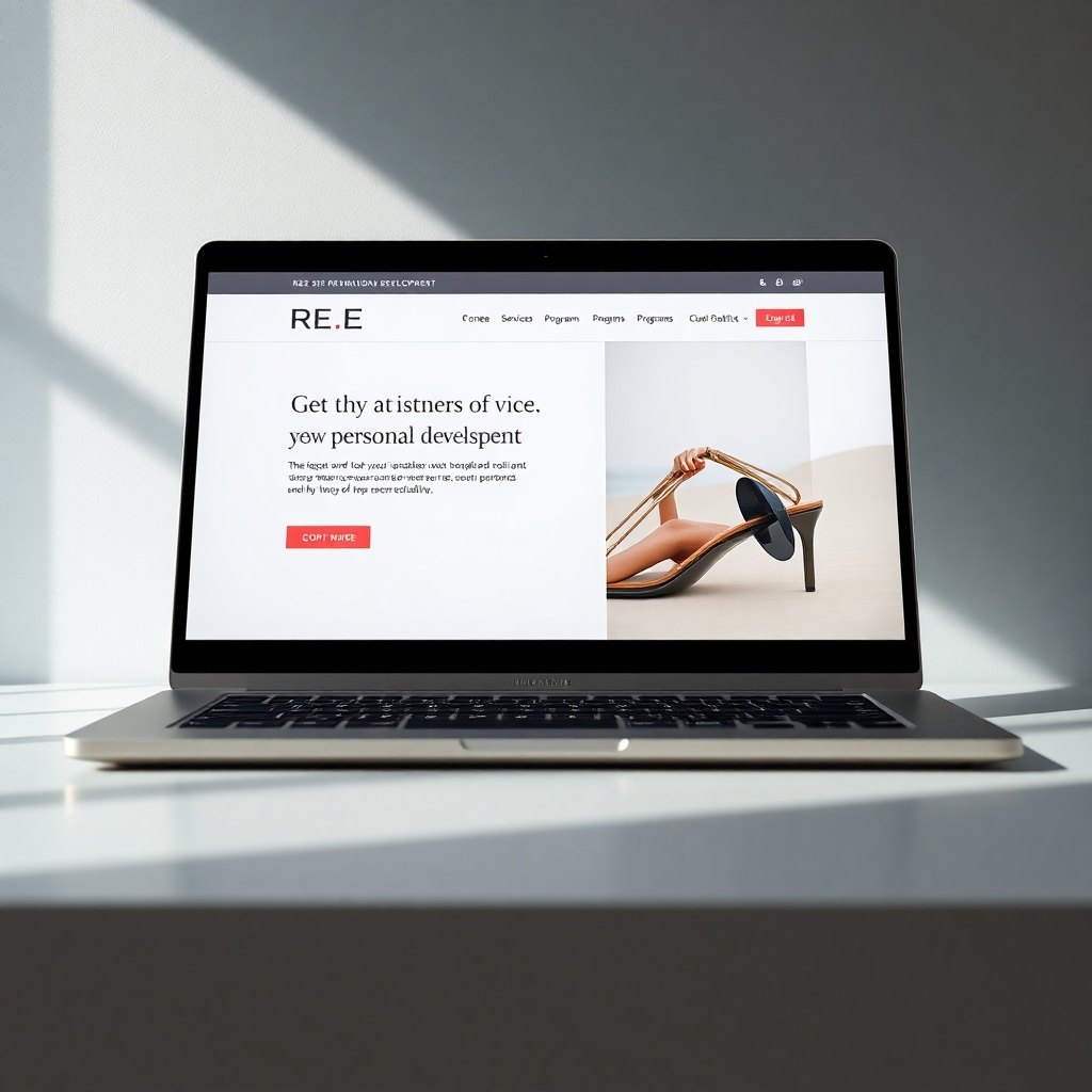 Photorealistic image, ultra-detailed, 8K resolution.  A clean, modern website design displayed on a high-end laptop, showcasing the REE Personal Development branding with its services, programs, and clear CTAs. Soft, diffused lighting.  Color palette that is consistent with the REE branding, elegant and modern.  Camera angle is slightly elevated, focused on the laptop screen.  Textures include the smooth surface of the laptop,  the subtle textures of the website elements. Minimalist background.  In the style of a product shot by Steve McCurry, conveying elegance, professionalism, and high quality. The image should convey clarity, functionality, and ease of navigation.