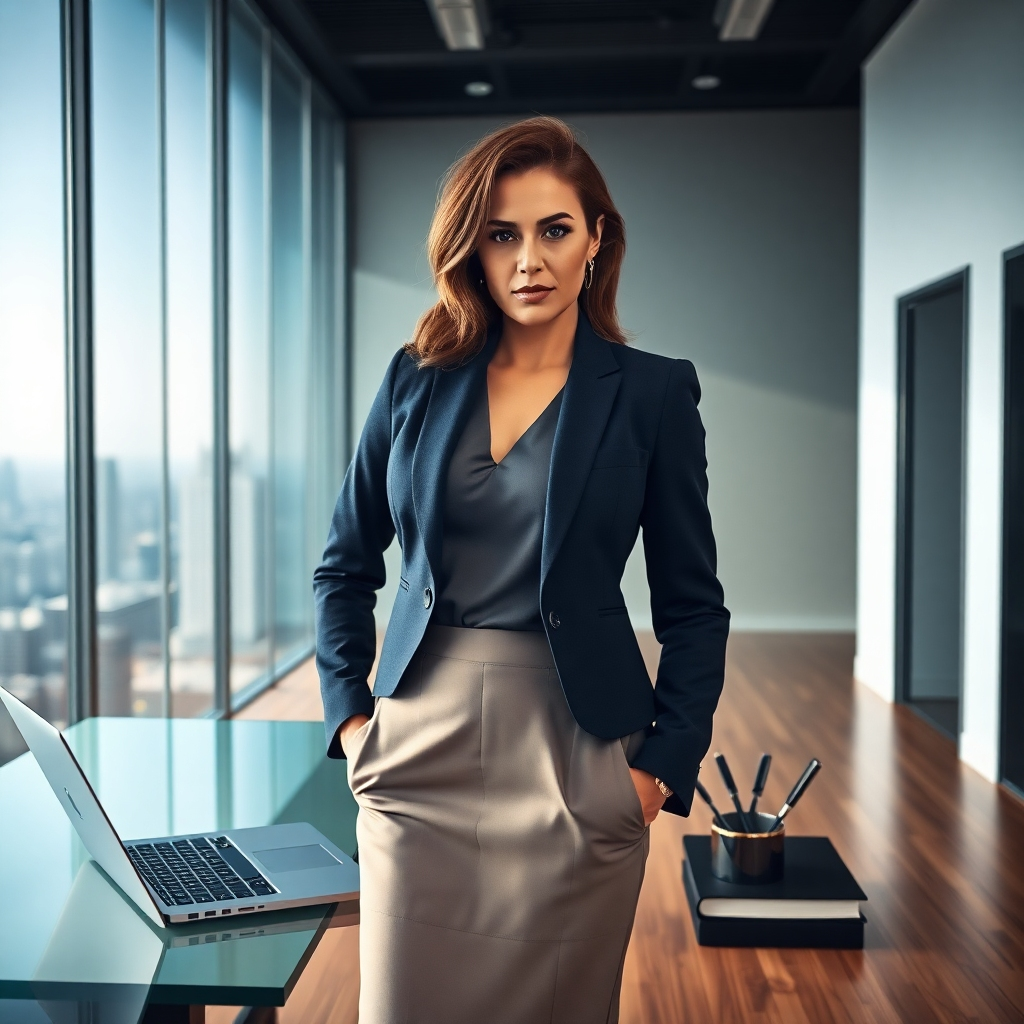 Photorealistic image, ultra-high definition, cinematic lighting. A single, confident woman, dressed in professional yet stylish attire, stands confidently in a modern, minimalist office. Dramatic side lighting accentuates her determined expression and strong posture. The color palette is sophisticated and elegant, featuring deep blues, charcoal grays, and pops of gold. The camera angle is slightly low, creating a powerful perspective.  Textures include the smooth surface of a sleek glass desk, the soft texture of high-quality fabric in her outfit, and the subtle grain of the wooden floor. Props include a well-organized desk with a laptop, a journal, and a stylish pen holder.  The background features a panoramic view of a bustling city, symbolizing ambition and progress.  The style evokes the strength and grace of Steve McCurry's photography. The mood is inspiring, resolute, and determined.  The image is highly detailed, showing every strand of hair and the fine lines on her face, reflecting a sense of maturity and experience.