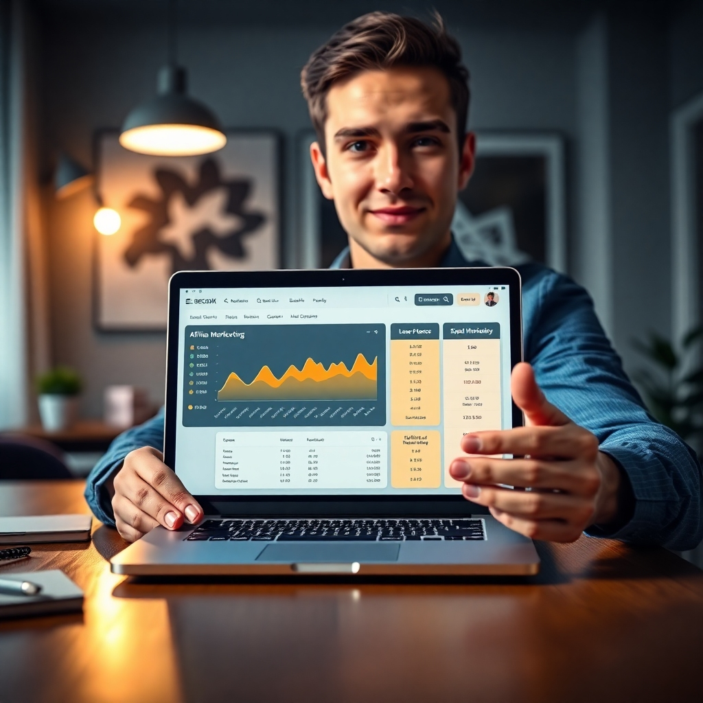 Photorealistic image, ultra-high quality, 8K resolution. A young, ambitious professional, early thirties, confidently presenting their laptop to the camera, showing a successful affiliate marketing dashboard. Dramatic side lighting, creating strong shadows and highlights, enhancing the dramatic effect.  Color palette is vibrant yet sophisticated, with deep blues, contrasting with warm oranges and yellows of the data on the screen.  Camera angle is eye level, close-up shot focusing on the laptop screen and the person's expression of success. Textures include the smooth surface of the laptop, the slight grain of the wood table, and the fabric of their clothing.  The background is a modern home office space with subtle but stylish elements, like high-end stationery and plants.  In the style of a modern business portrait by Peter Lindbergh, conveying professionalism, success, and elegance. The image should feel dynamic, aspirational, and inspiring.