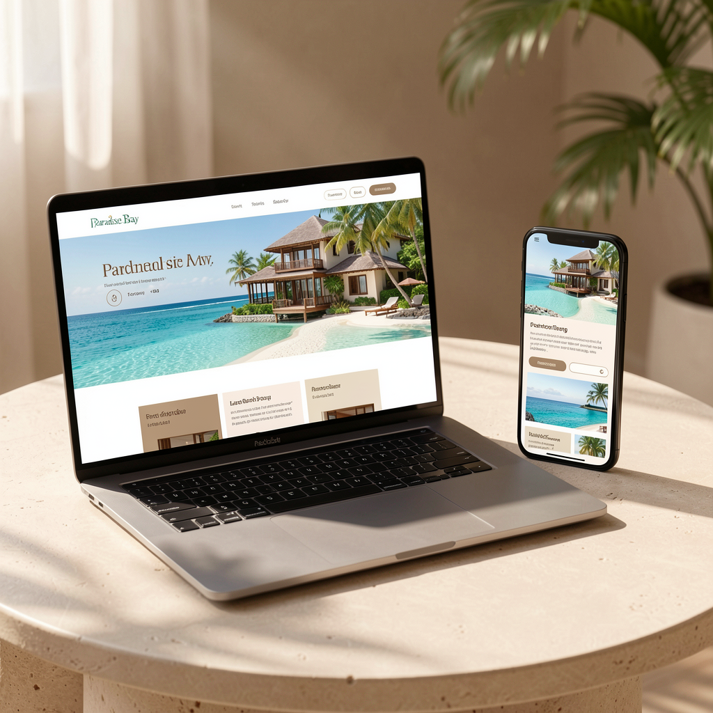 Paradise Bay resort website on laptop and phone