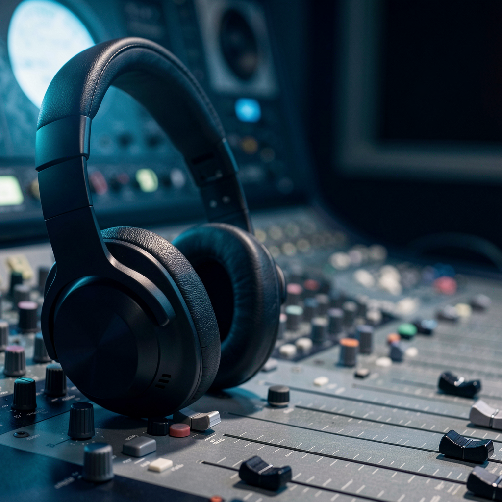 Studio headphones on a mixing desk