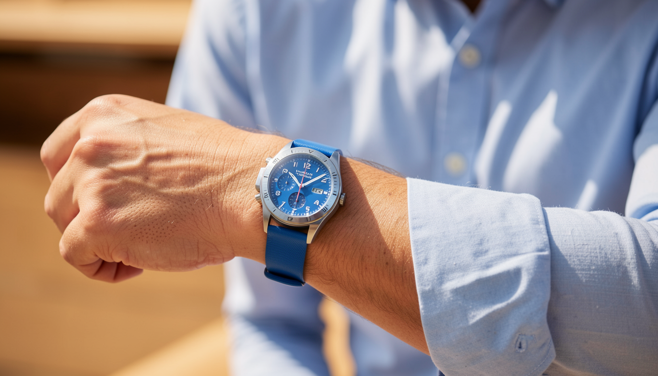 Man wearing a blue chronograph watch