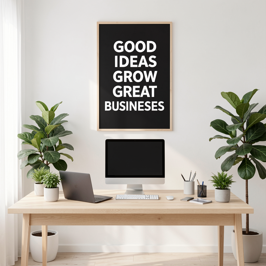 Modern office with motivational business sign