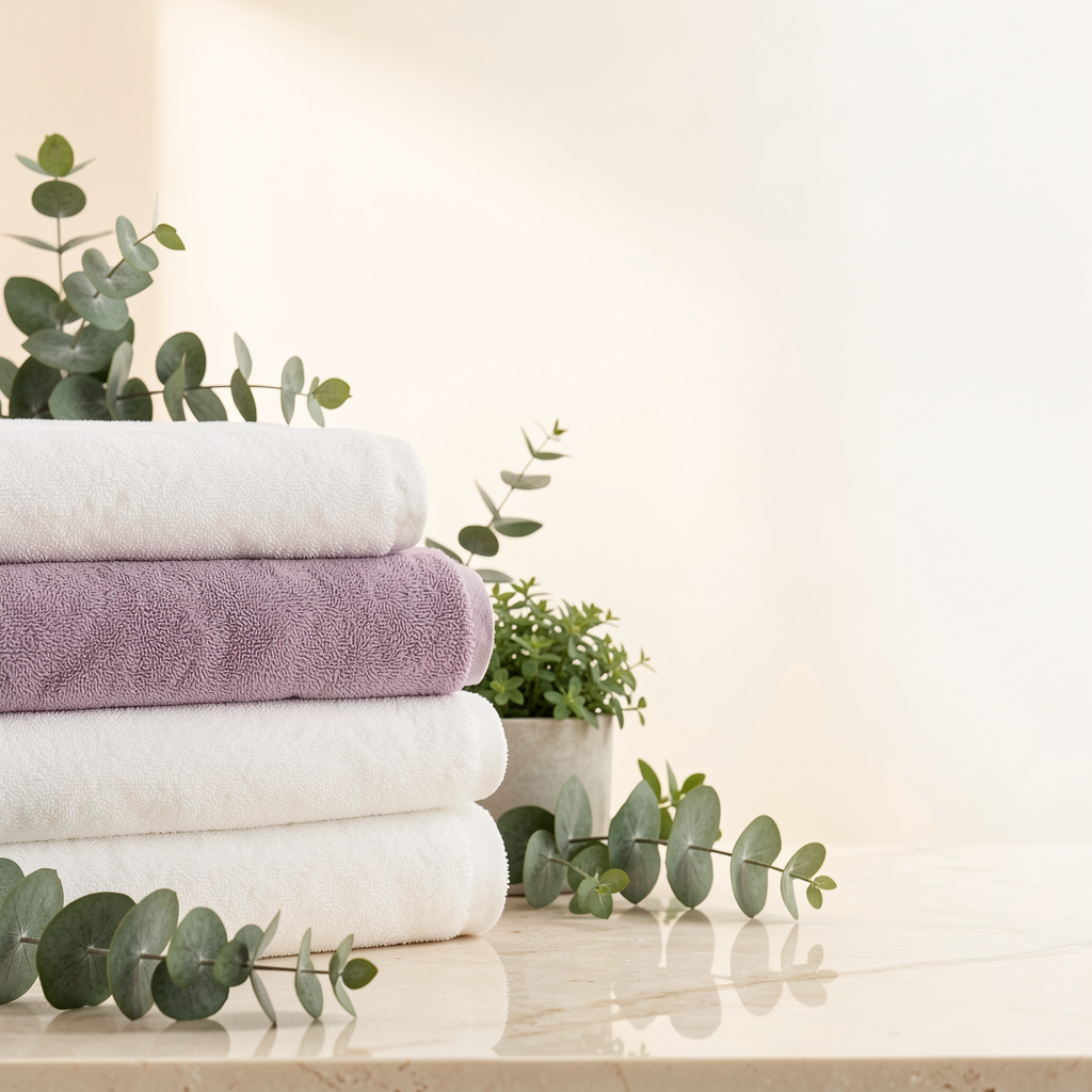 Folded clean towels and greenery