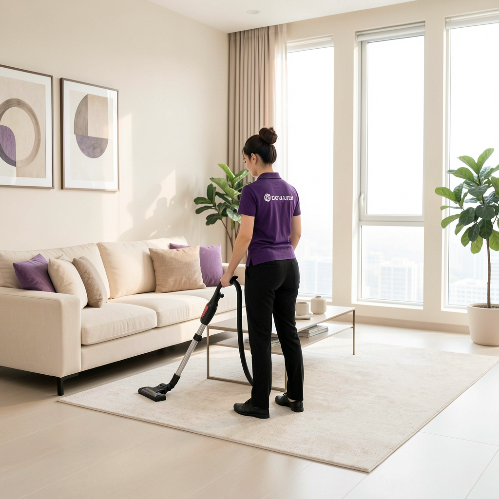 Cleaner vacuuming an apartment