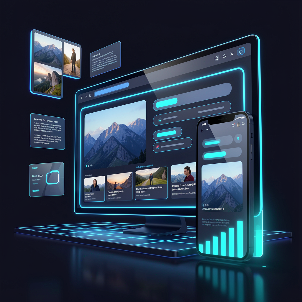 Responsive website screens and analytics illustration