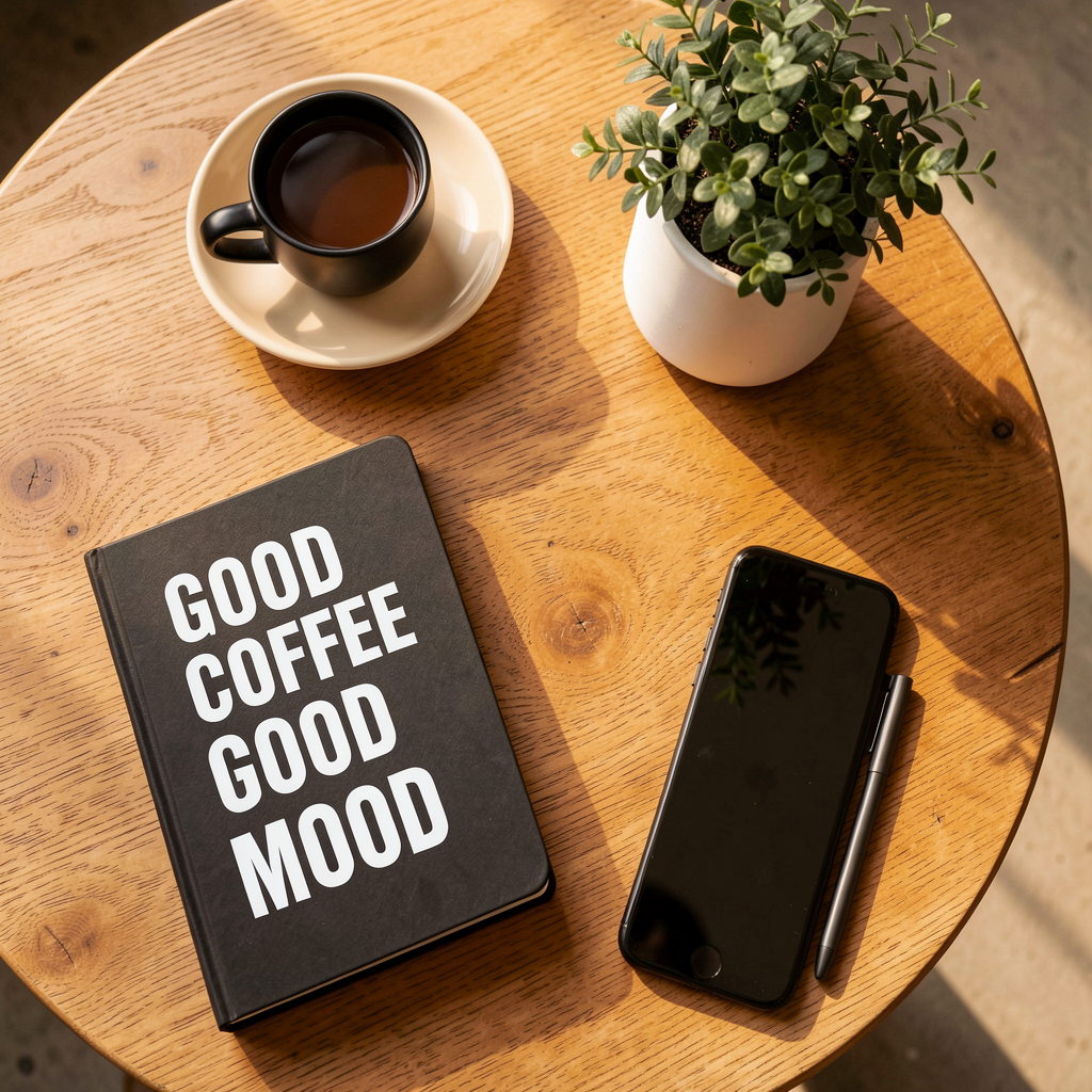 Coffee, notebook, and plant on a café table
