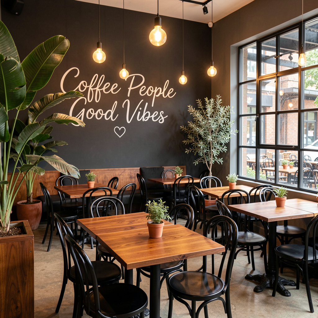 Warm café interior with plants and wooden tables