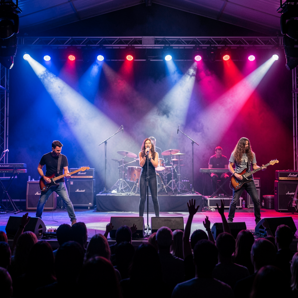 Band performing under colorful stage lights