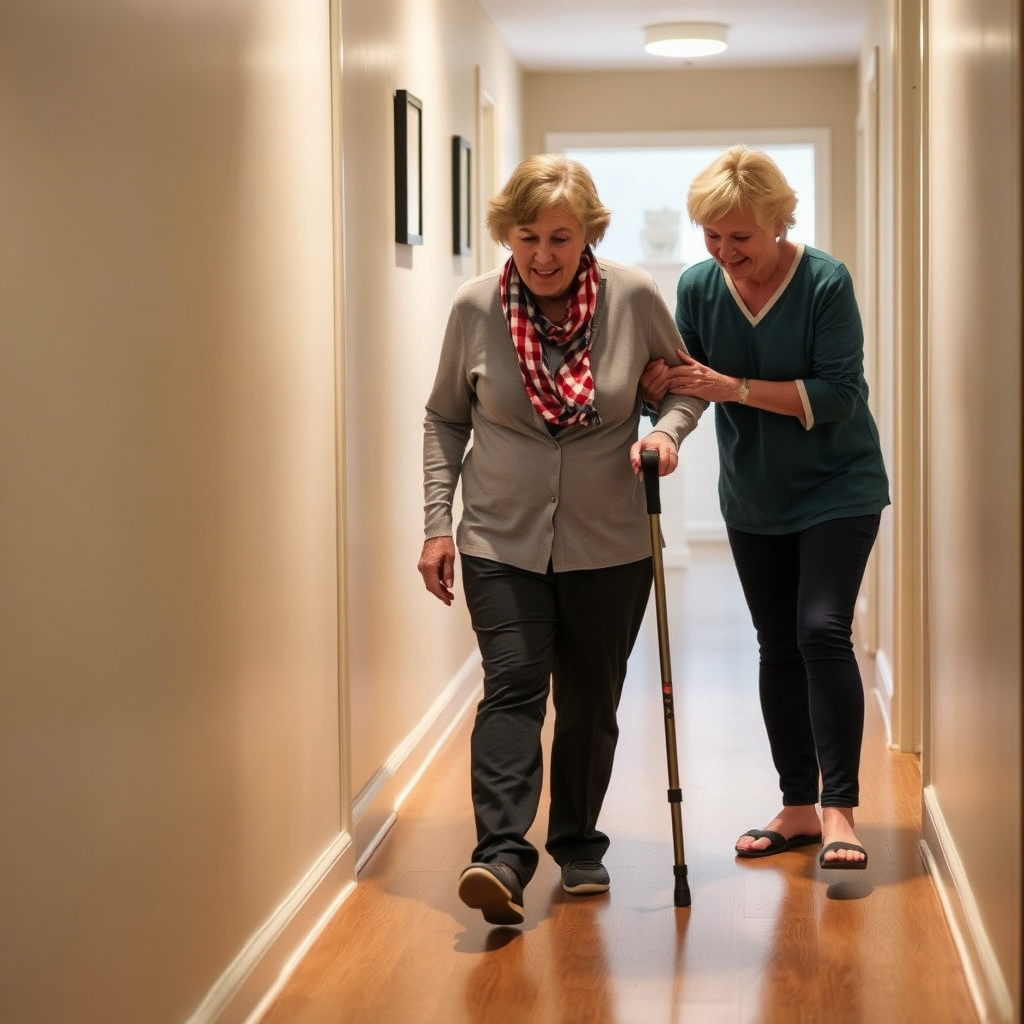 carer assisting someone to walk with a walking aid