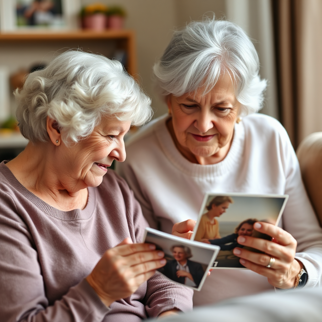 Two ladies looking at pictures helping with Dementia
