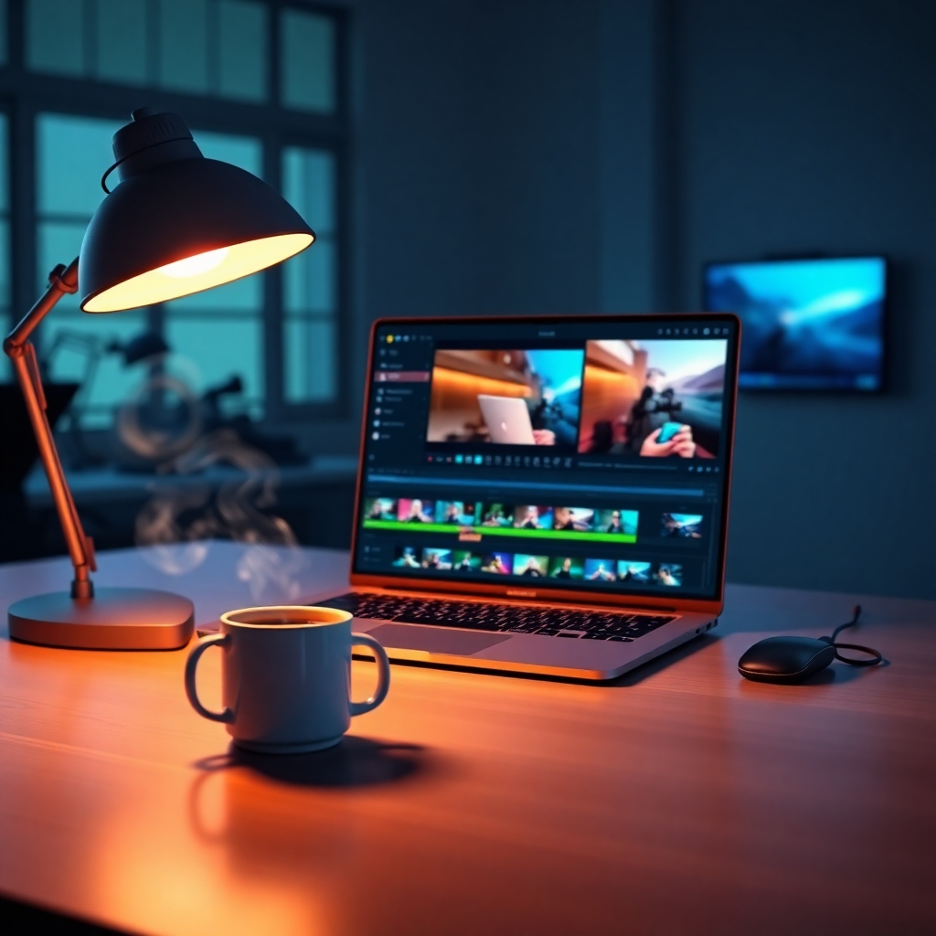 A clean, modern desk with a laptop displaying a user-friendly AI video editing software interface, surrounded by colorful AI-generated video thumbnails and a steaming coffee mug. The overall lighting should be bright and inviting, conveying a sense of productivity and creativity.  The style should be photorealistic.