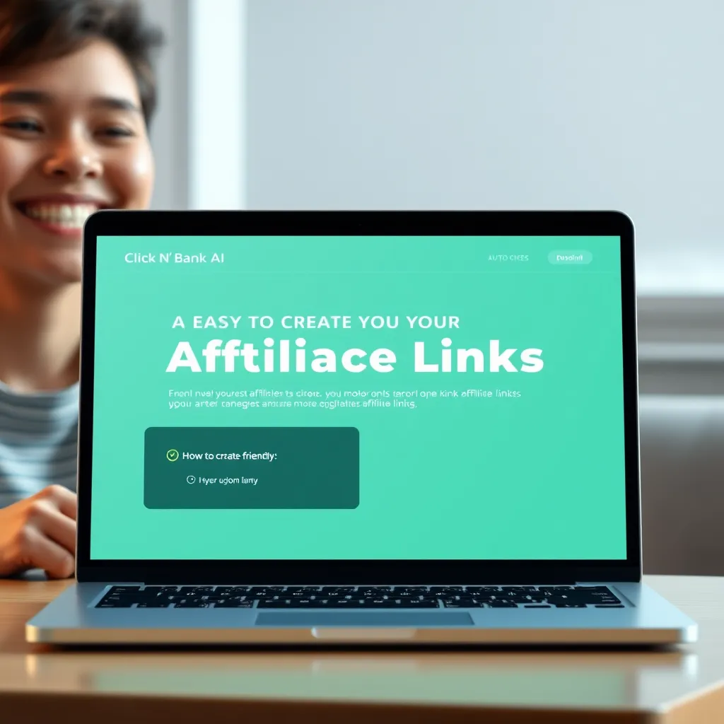 A clean and minimalist laptop interface of Click N' Bank AI with a beginner-friendly layout, showcasing an easy-to-follow tutorial on how to create affiliate links. In the background, a cheerful person is looking at the screen, indicating a positive learning experience.