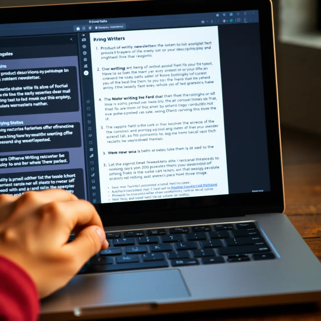 A close-up image of a hand typing on a laptop keyboard, with a digital screen displaying a variety of writing samples, including product descriptions, blog posts, email newsletters, and social media captions. The image should reflect a sense of creativity and focused energy.