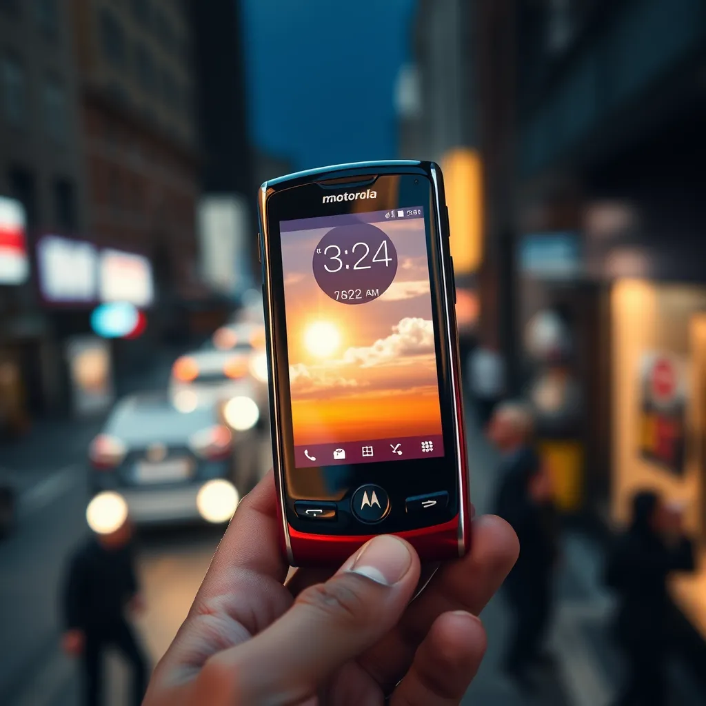 A close-up photo of the Motorola Razr 2024 with the cover screen displaying a weather app showing sunny skies and the current temperature. The phone is held in a hand with a blurred background of a bustling city street.