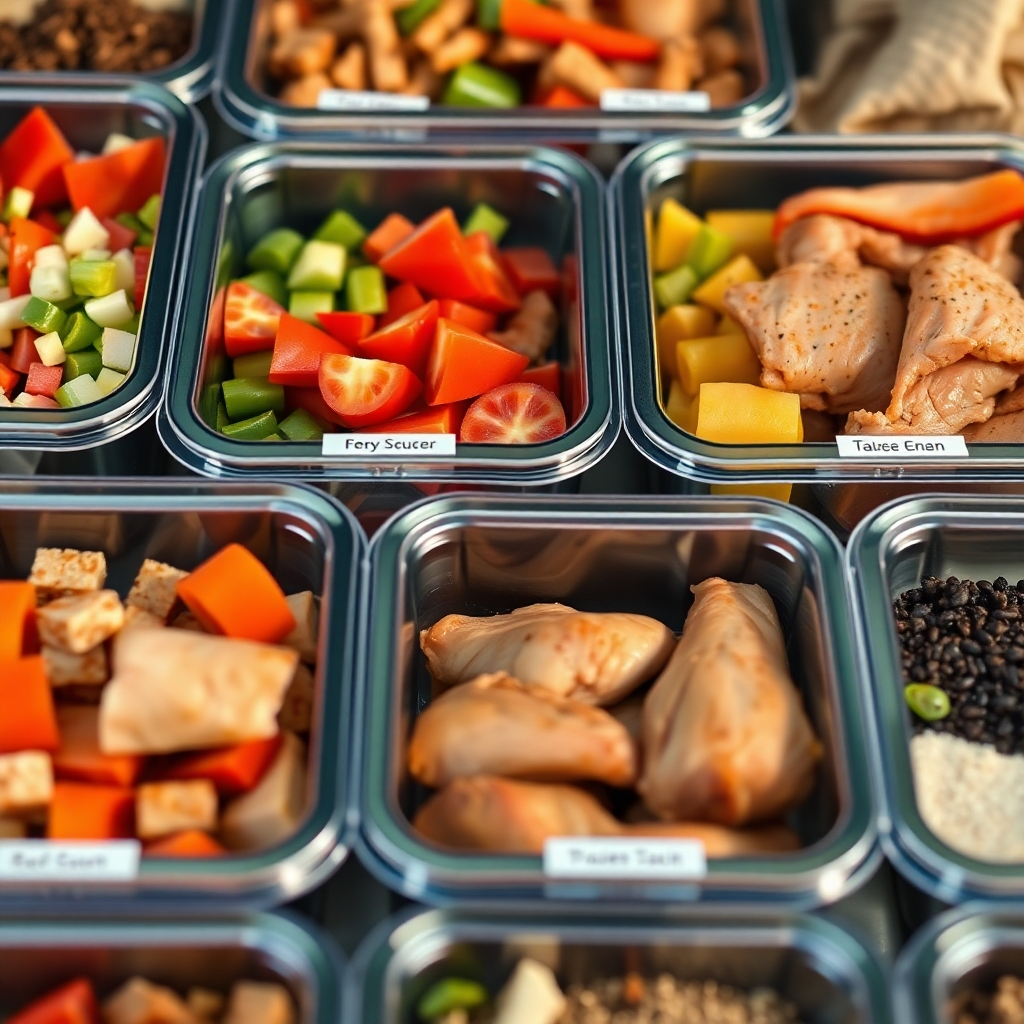 A close-up, photorealistic image of neatly organized camping meal prep containers. Each container is clearly labeled and contains pre-portioned ingredients like chopped vegetables, marinated chicken, and spices, ready for easy assembly and cooking at the campsite.