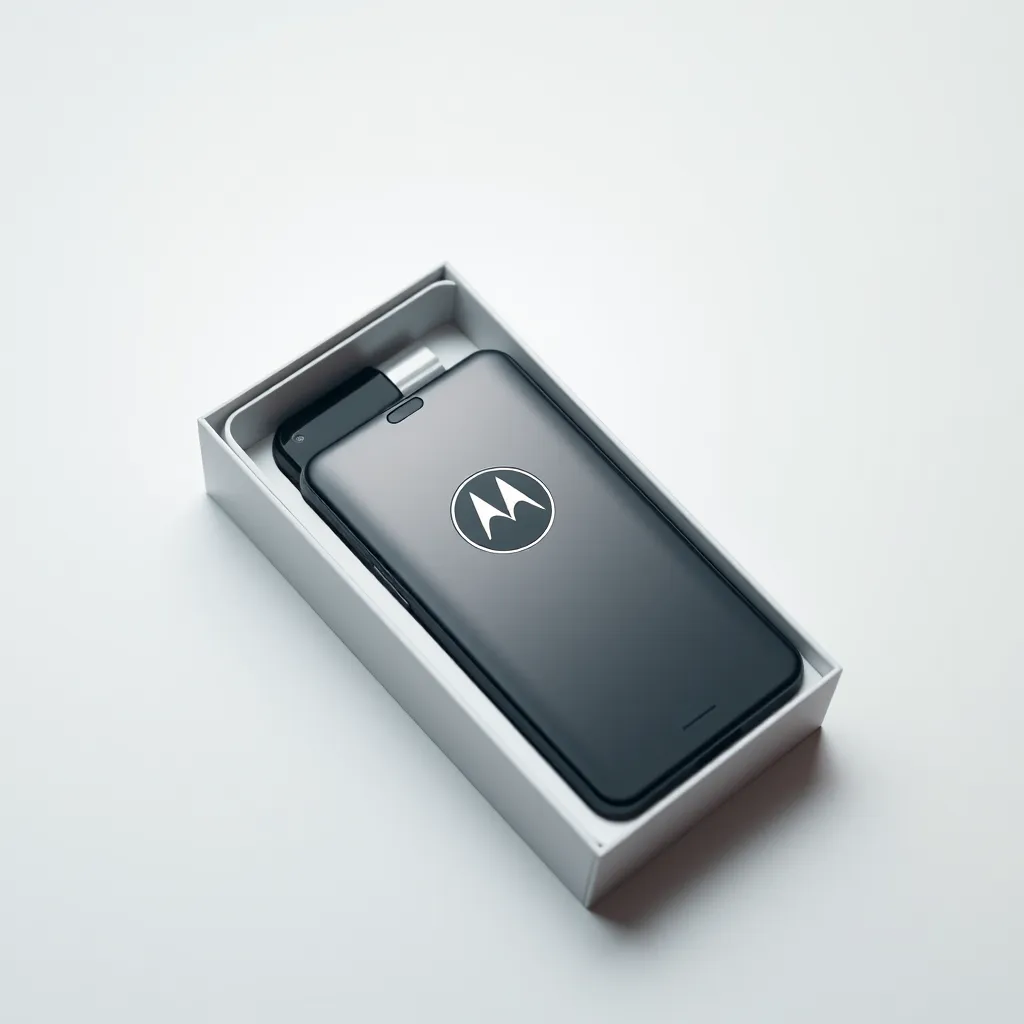 A close-up photorealistic image of the Motorola Razr 2024 unboxing experience. The phone is placed on a sleek, minimalist white background, with the box open and its contents partially visible.  Soft, diffused lighting illuminates the scene, highlighting the phone's sleek design. The camera angle is slightly above the phone, capturing the unfolding moment. Emphasize the premium feel of the packaging and accessories.  Ultra-detailed, 8K resolution.