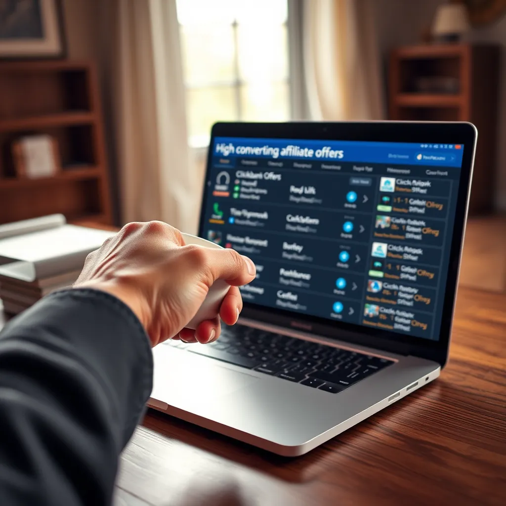 A close-up shot of a hand hovering over a laptop screen displaying a list of high-converting Clickbank affiliate offers. The laptop is positioned on a wooden desk in a well-lit room, showcasing the product's functionality. The image should have a warm, inviting color palette, highlighting the ease and accessibility of using the software. The hand is holding a coffee cup, emphasizing the ease of use and the potential to make money effortlessly.  The image should be in a photorealistic style with high detail and 8K resolution. 