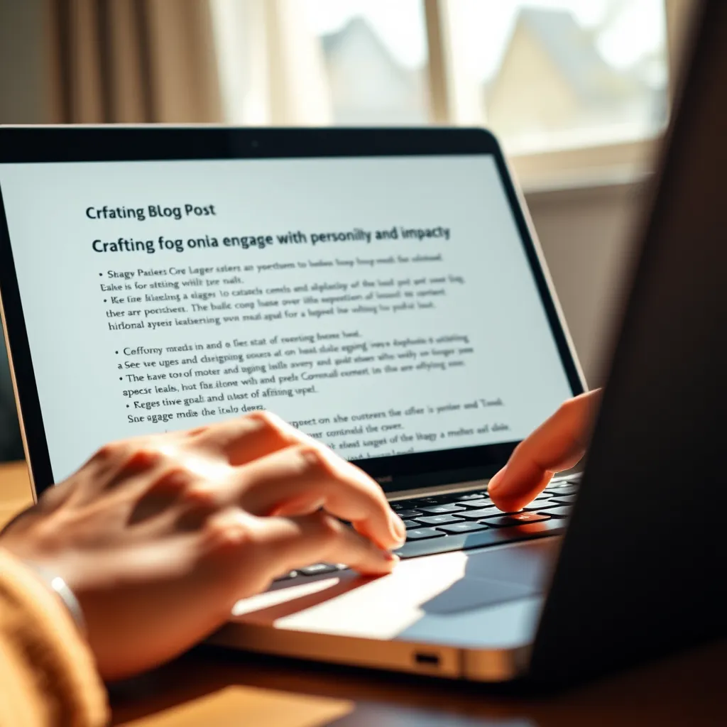 A close-up shot of a hand typing on a laptop, with the screen displaying a compelling blog post written in a clear, engaging, and visually appealing style. The image should convey the idea of crafting content with personality and impact.