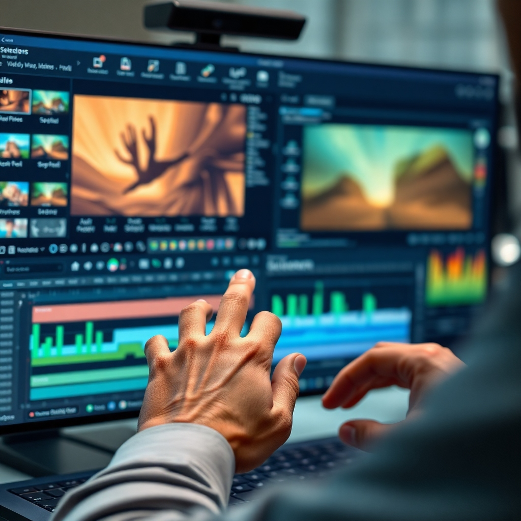 A close-up shot of a person's hands expertly using AI video editing software, with various video editing tools and effects displayed on the screen; futuristic, technologically advanced interface; photorealistic style.