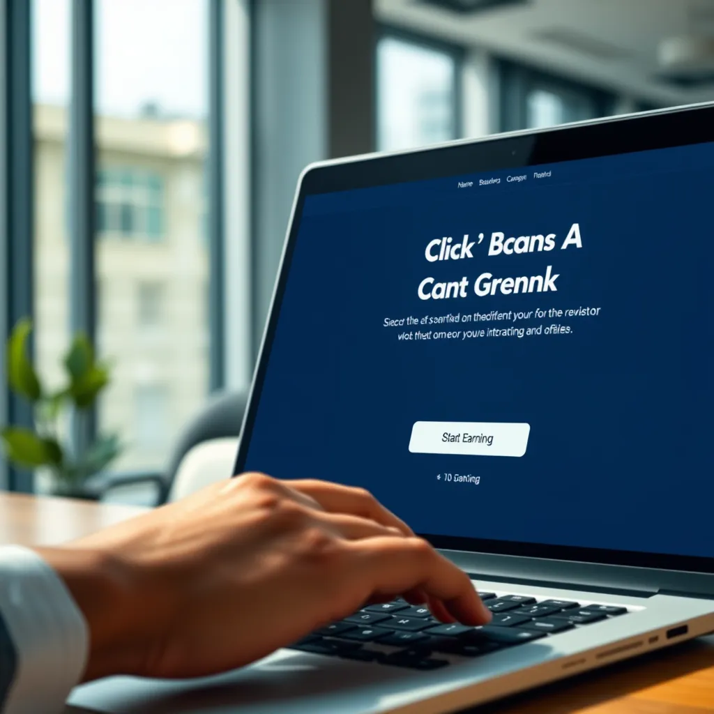 A close-up shot of a person's hand hovering over a laptop keyboard, with the Click N' Bank AI website open, showcasing its simple interface and a highlighted button labeled 'Start Earning'. The background should be a modern office setting with natural light streaming in.