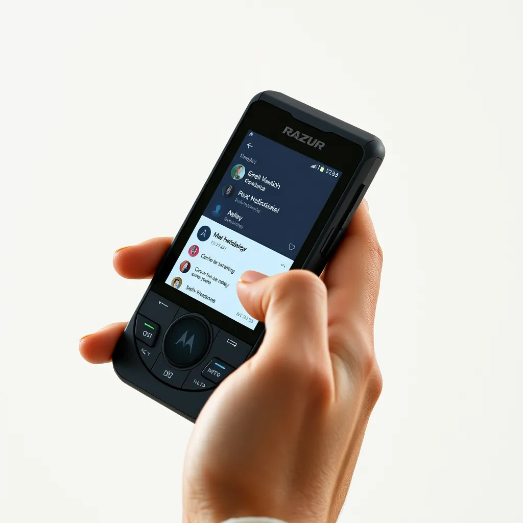 A close-up shot of a person using the Motorola Razr 2024's external screen to check their notifications. The screen is brightly lit and the phone is held in a casual, natural way. The background should be a neutral color, like white or grey, to focus attention on the phone and its user.