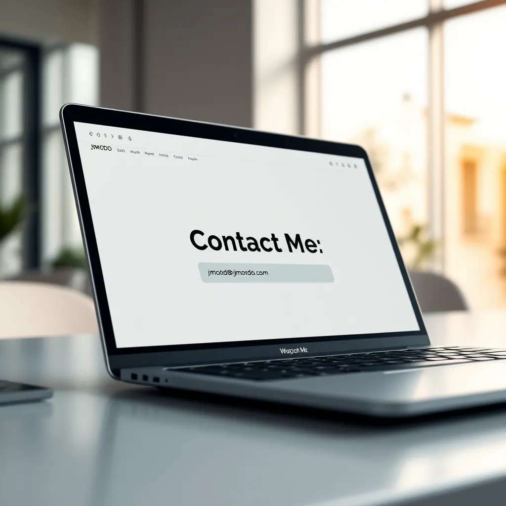A close-up shot of a sleek laptop with a web page open, displaying a simple contact form with a large, bold 'Contact Me' button and the email address 'jimoddo@jimoddo.com' clearly visible. The background should be a modern, minimalist office setting with natural light.