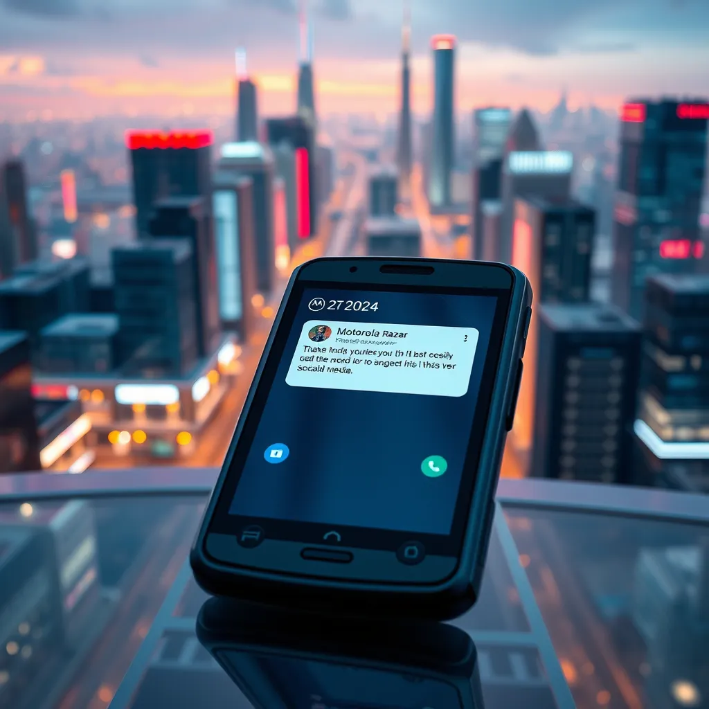A close-up shot of the Motorola Razr 2024's cover screen displaying a notification from a social media app, with the phone closed. The background should be a vibrant, modern cityscape with a sleek, futuristic aesthetic.