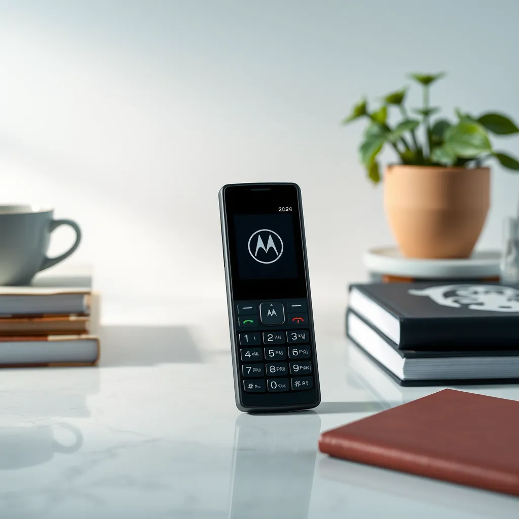 A close-up shot of the Motorola Razr 2024 in a sleek, minimalist setting, such as a marble countertop or a clean white desk. The phone should be surrounded by objects that represent affordability, such as a stack of books, a coffee mug, or a house plant. The image should convey a sense of practicality and value.