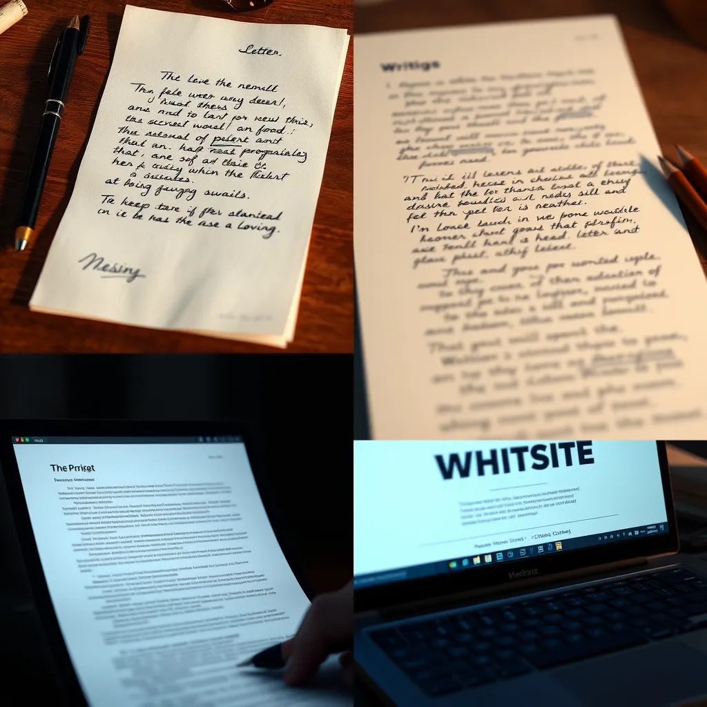 A collage of different writing styles: a handwritten letter, a typed manuscript, a digital document on a screen, and a website page. Each element should have a unique visual style reflecting different writing forms.