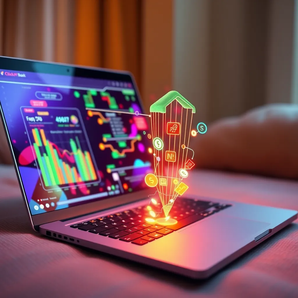 A colorful visualization of a financial flow chart showing money flowing into a user's bank account. The visualization should be futuristic and vibrant, representing the ease and efficiency of Click N' Bank AI.  A laptop with a 'Click N' Bank AI' logo on the screen should be placed in the background, subtly emphasizing the role of the software. The entire scene should be bathed in soft, warm lighting, conveying the comfort and security associated with passive income generation. The image should be in a hyperrealistic style with high detail and 8K resolution.