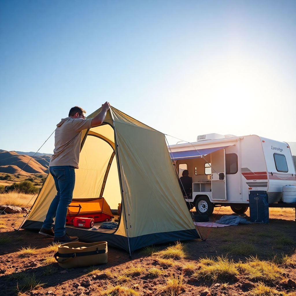 A detailed, photorealistic image depicting a person expertly setting up a tent near a camper trailer. Show the steps involved: staking the tent securely, attaching the rainfly, and organizing camping gear inside and outside the tent. Include clear visuals of the process of leveling the trailer and connecting it to an electricity source. The setting is a sunny campsite with a backdrop of rolling hills and a clear blue sky.