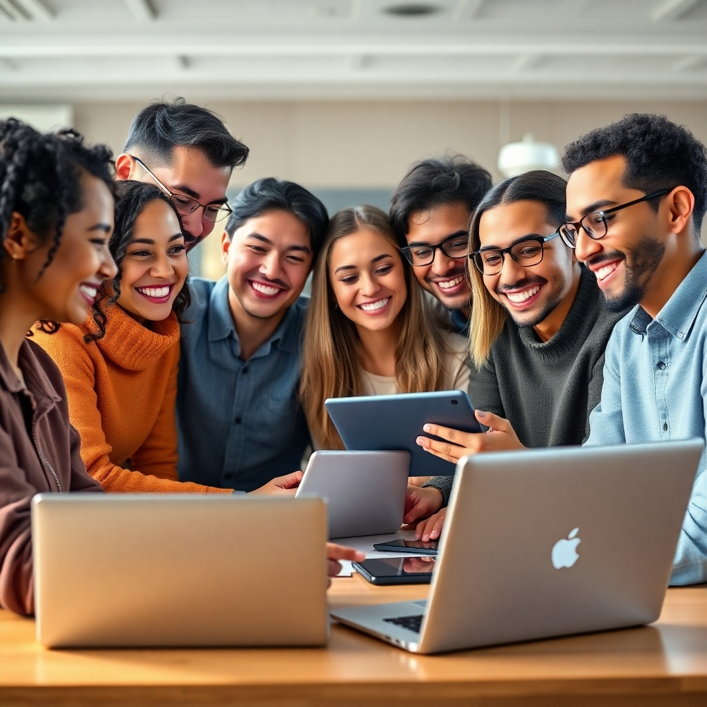 A diverse group of people of different ages and ethnicities smiling and collaborating around laptops and tablets, creating videos with AI software; bright, modern, and friendly atmosphere; photorealistic style.