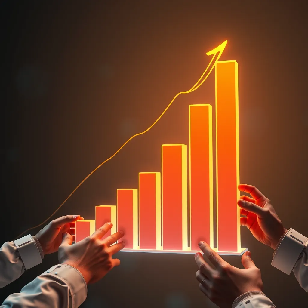 A futuristic, animated graphic illustrating a steadily growing bar chart representing income generated through Click N' Bank AI. The bar chart is accompanied by a series of hands simultaneously copying and pasting affiliate links into the system, highlighting the scalability and ease of use of the platform.