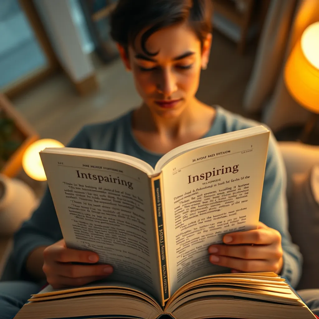 A high-angle shot of a person reading an inspiring book in a well-lit room. The book cover should be blurred but visible, with a focus on the reader's engaged expression and the warm lighting creating a cozy and welcoming atmosphere.