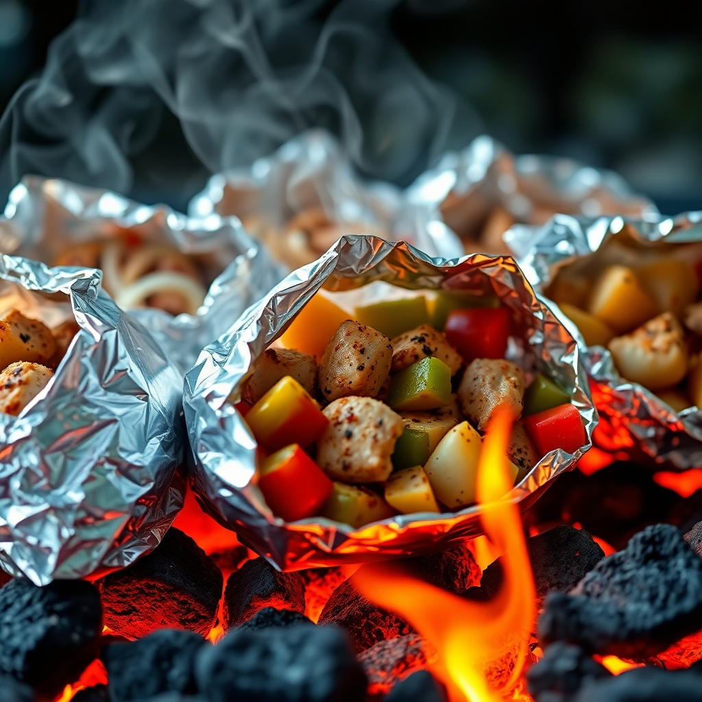 A high-resolution, photorealistic close-up shot of several foil packets filled with various ingredients like seasoned chicken, potatoes, bell peppers, and onions. The packets are arranged on a bed of hot coals, with flames gently licking the sides.  The background is slightly blurred to keep the focus on the foil packets.  The image should showcase steam gently rising from the packets, highlighting the cooking process and appetizing aromas. The lighting must emphasize the warm tones and textures of the food.