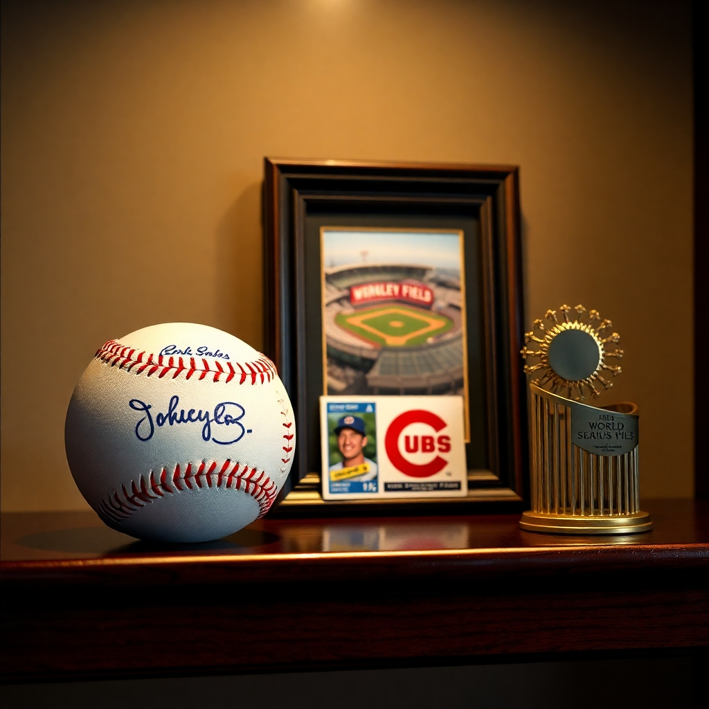  A high-resolution, photorealistic image showcasing a collection of Chicago Cubs memorabilia, including an autographed baseball, a vintage baseball card of Ernie Banks, a framed photo of Wrigley Field, and a small, ornate replica of the World Series trophy. The items should be displayed on a dark, polished wooden shelf with subtle backlighting, creating a sense of value and nostalgia.