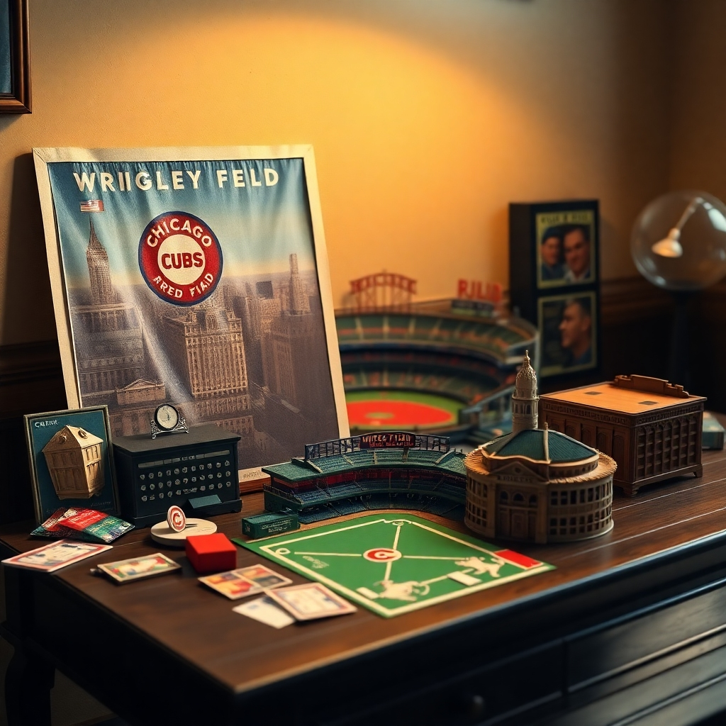 A high-resolution photorealistic image of a collection of Chicago Cubs memorabilia, including a vintage Wrigley Field poster, a miniature Wrigley Field replica, and possibly some old baseball cards or ticket stubs. The items should be artfully arranged on a dark wooden table with soft, warm lighting to create a nostalgic atmosphere.