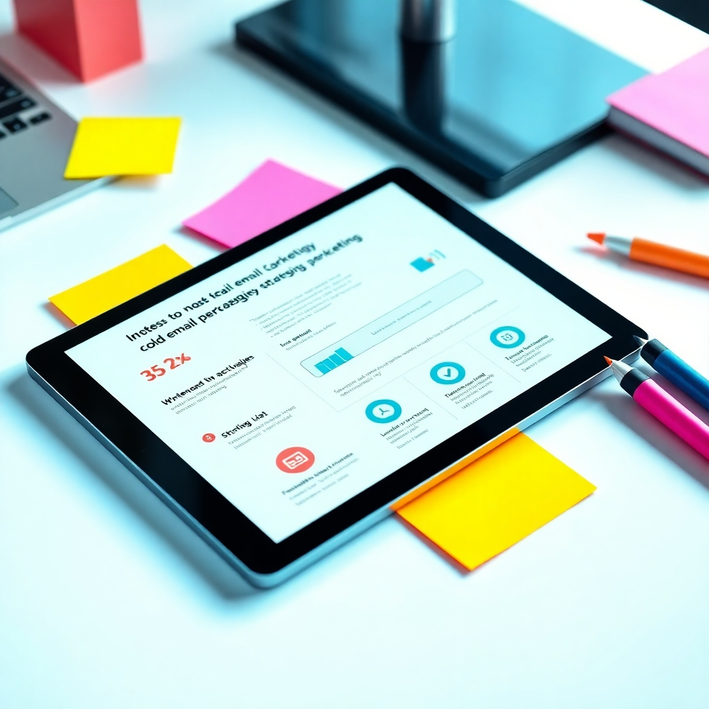 A hyperrealistic, 8K image depicting a stylized infographic on a sleek tablet screen, showcasing key metrics and strategies for improving cold email performance using Instantly.  The tablet lies on a minimalist desk, surrounded by colorful sticky notes and highlighters that add visual interest. The image should be brightly lit, creating a vibrant and energetic mood, emphasizing the dynamic nature of cold email marketing.  The background is a vibrant yet professional workspace, suggesting creativity and innovation.  The color palette is bright and bold, using contrasting colors to highlight key elements of the infographic.  The image is a close-up shot, focusing on the tablet screen's detail and the vibrant colors of the sticky notes.  The camera angle is from a slightly high angle, emphasizing the infographic's importance. The texture of the sticky notes and the tablet surface is rendered with high fidelity. The overall style should be modern, clean and energetic, conveying a feeling of actionable strategies and potential for success.  The style is to reference the style of a modern design company, emphasizing clarity and ease of understanding. The overall mood should evoke a feeling of enthusiasm and actionable intelligence, encouraging the viewer to implement the guide's suggestions.