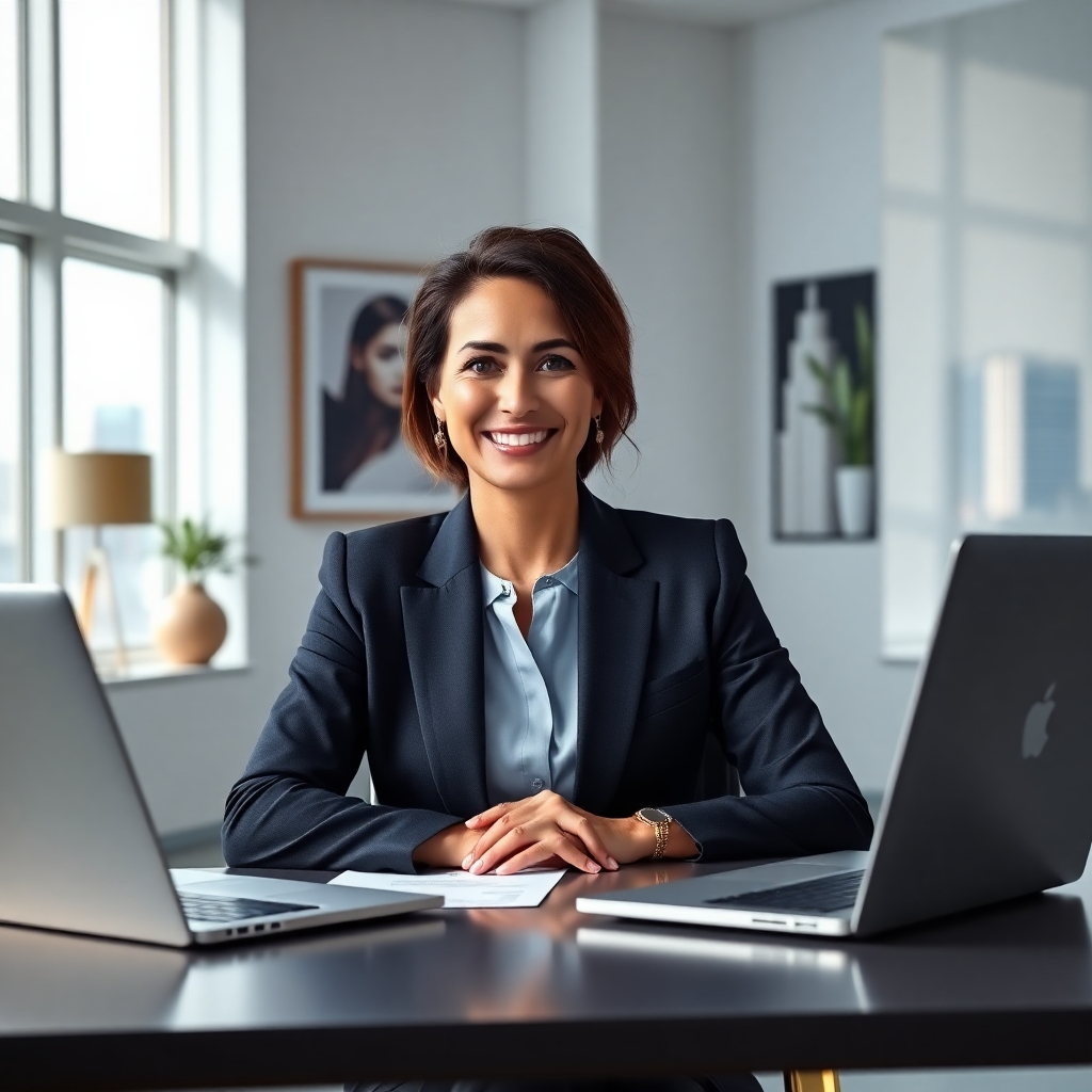 A hyperrealistic 8K image showcasing a confident, mid-30s woman, dressed in professional attire, smiling and looking directly at the camera. She's seated at a sleek, modern desk in a brightly lit, minimalist office with large windows providing soft, natural lighting.  The color palette is sophisticated, featuring cool blues and grays with accents of warm gold. The camera angle is a medium shot from a slightly low angle, emphasizing her success and authority. The textures should include the smooth surface of her desk, the soft texture of her clothing, and the subtle texture of the office walls.  The mood is professional, confident, and aspirational.  The environment subtly includes elements of wealth and success – a stylish laptop with graphs depicting growth, a tasteful modern artwork on the wall, and a view of a bustling city.  The style is inspired by the work of Platon, with a focus on powerful portraiture.  The image should be ultra-detailed, showcasing the rich textures, lighting nuances, and the subject's confident expression with remarkable clarity.